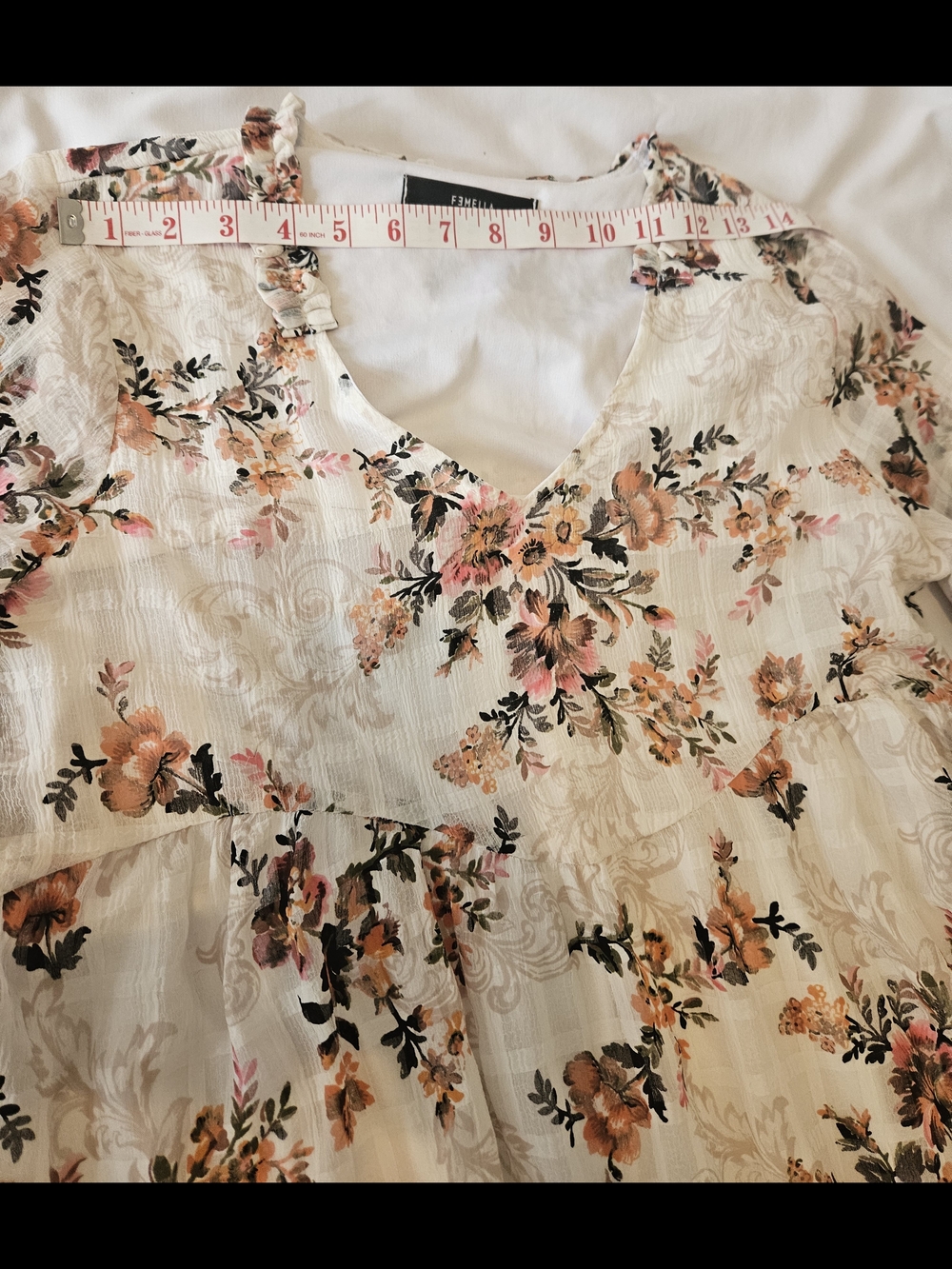 Femella Black - Cream Floral V-Neck Dress with Pink & Orange Blooms Medium Size - Picture 14 of 15